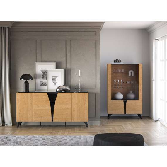 Skjenk Toscania 170x82 cm - 5 dører - eik baltica - aske svart - svart glass