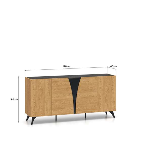 Skjenk Toscania 170x82 cm - 5 dører - eik baltica - aske svart - svart glass