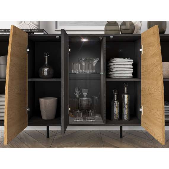 Skjenk Toscania 170x82 cm - 5 dører - eik baltica - aske svart - svart glass