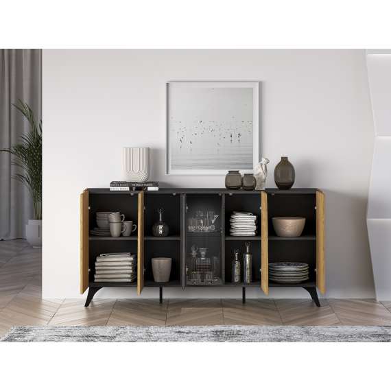 Skjenk Toscania 170x82 cm - 5 dører - eik baltica - aske svart - svart glass