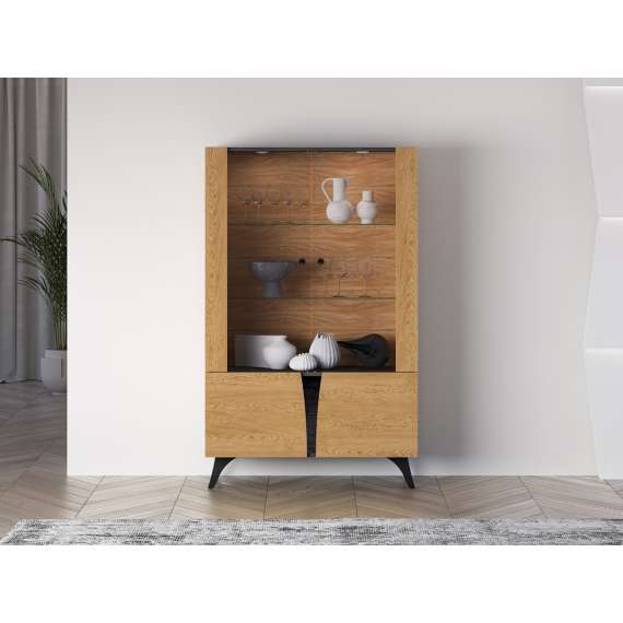 Vitrineskap Toscania 95x152 cm - 2 dører - eik baltica - aske svart - svart glass