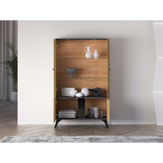 Vitrineskap Toscania 95x152 cm - 2 dører - eik baltica - aske svart - svart glass