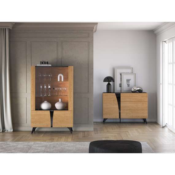 Vitrineskap Toscania 95x152 cm - 2 dører - eik baltica - aske svart - svart glass