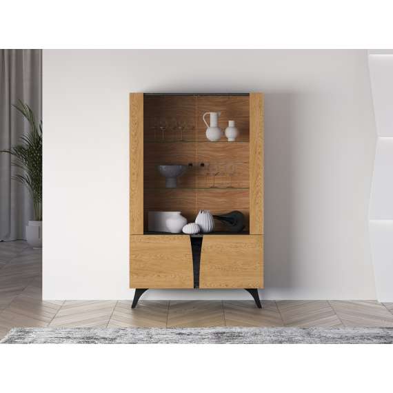 Vitrineskap Toscania 95x152 cm - 2 dører - eik baltica - aske svart - svart glass