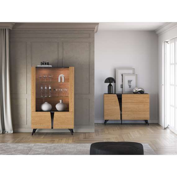 Vitrineskap Toscania 95x152 cm - 2 dører - eik baltica - aske svart - svart glass