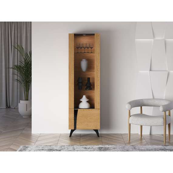 Vitrineskap Toscania - 58x190 cm - 1 dør - eik baltica - aske svart - svart glass