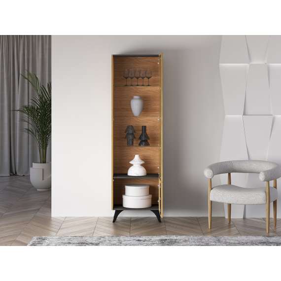 Vitrineskap Toscania - 58x190 cm - 1 dør - eik baltica - aske svart - svart glass