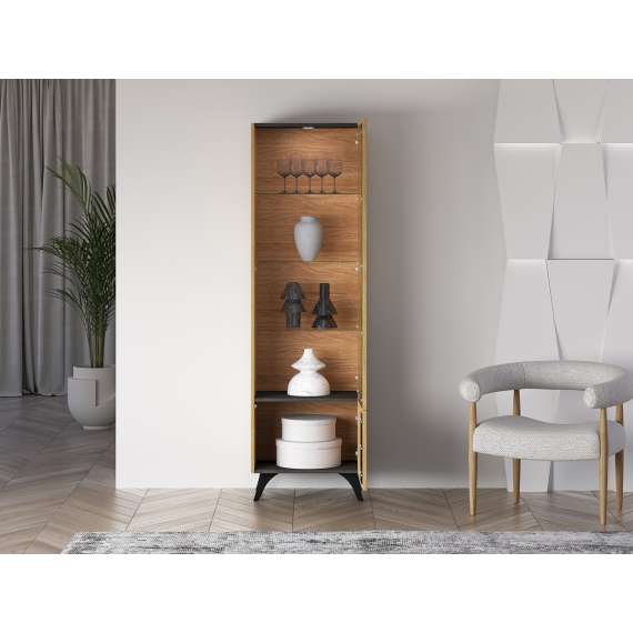 Vitrineskap Toscania - 58x190 cm - 1 dør - eik baltica - aske svart - svart glass