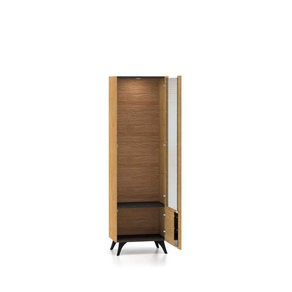 Vitrineskap Toscania - 58x190 cm - 1 dør - eik baltica - aske svart - svart glass