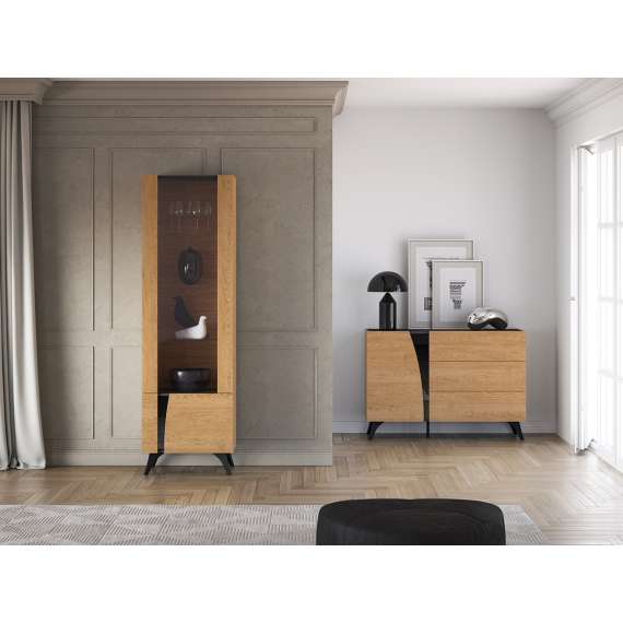 Vitrineskap Toscania - 58x190 cm - 1 dør - eik baltica - aske svart - svart glass