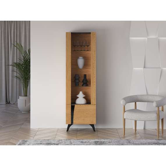 Vitrineskap Toscania - 58x190 cm - 1 dør - eik baltica - aske svart - svart glass