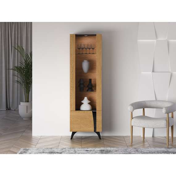 Vitrineskap Toscania L - 58x190 cm - 1 dør - eik baltica - aske svart - svart glass