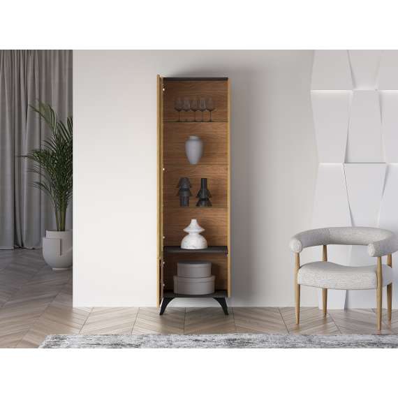 Vitrineskap Toscania L - 58x190 cm - 1 dør - eik baltica - aske svart - svart glass