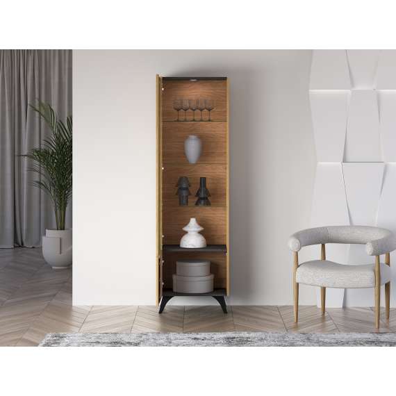 Vitrineskap Toscania L - 58x190 cm - 1 dør - eik baltica - aske svart - svart glass