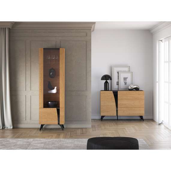 Vitrineskap Toscania L - 58x190 cm - 1 dør - eik baltica - aske svart - svart glass