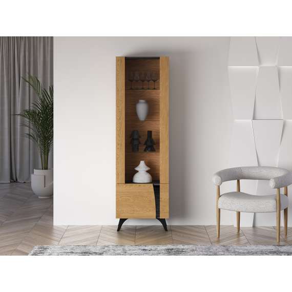 Vitrineskap Toscania L - 58x190 cm - 1 dør - eik baltica - aske svart - svart glass