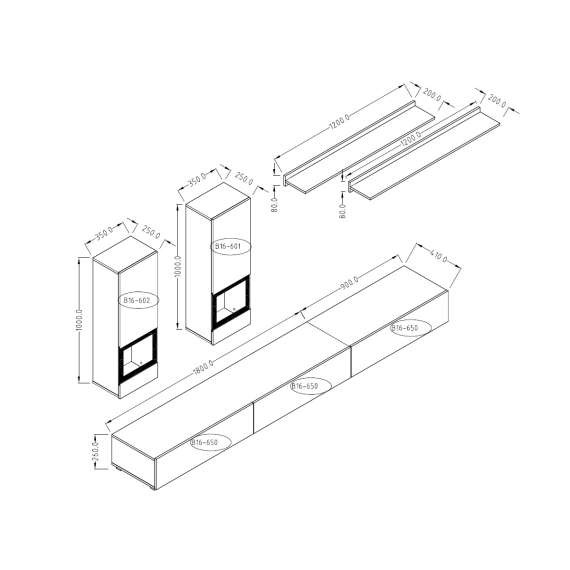 Seksjon Baros 270 cm - Steinlook - Vitrineskap