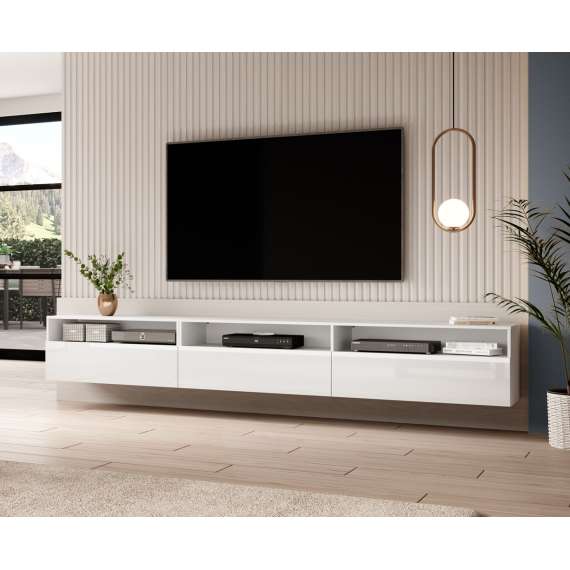 Tv-benk Baros 270 cm - hvit glans - vegghengt