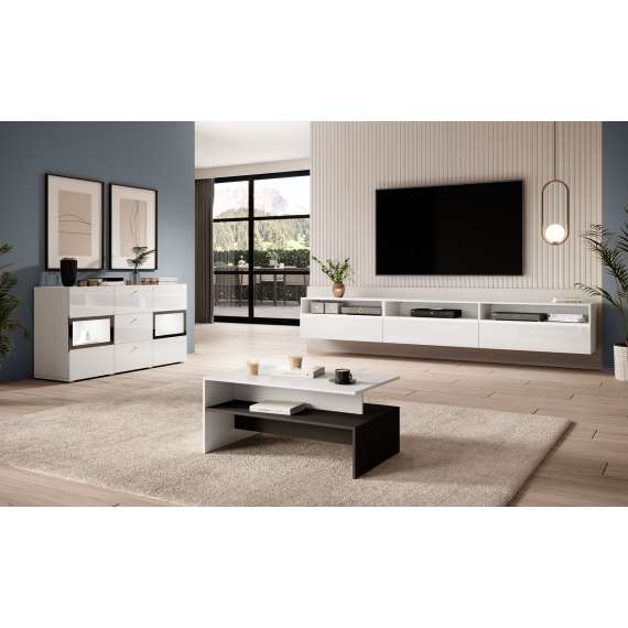 Tv-benk Baros 270 cm - hvit glans - vegghengt
