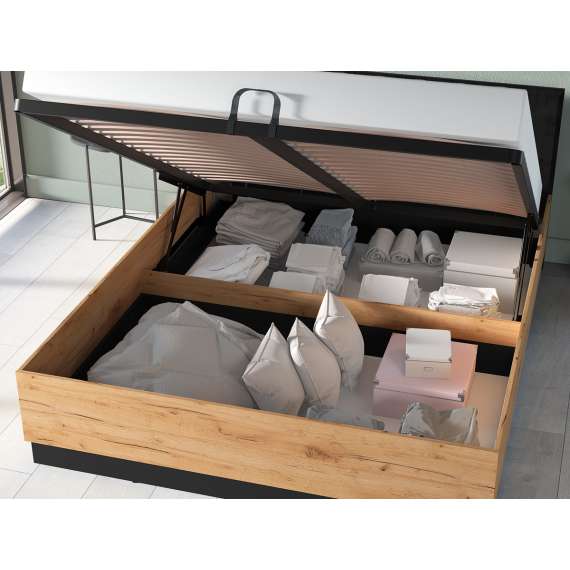 Seng  Urso 160x200 cm - eik craft gold - svart matt - oppbevaringspalss