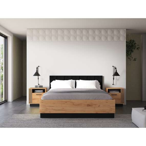 Seng  Urso 160x200 cm - eik craft gold - svart matt - oppbevaringspalss