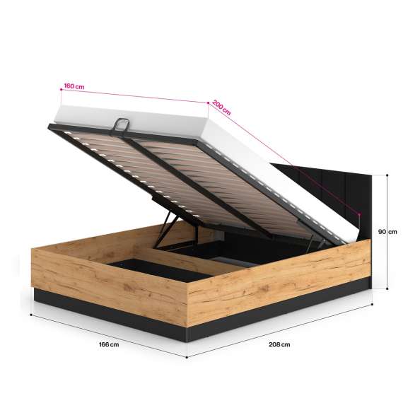 Seng  Urso 160x200 cm - eik craft gold - svart matt - oppbevaringspalss