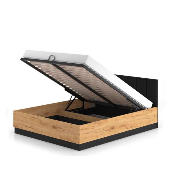 Seng  Urso 160x200 cm - eik craft gold - svart matt - oppbevaringspalss