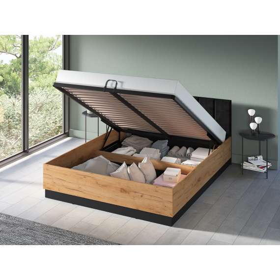 Seng  Urso 160x200 cm - eik craft gold - svart matt - oppbevaringspalss