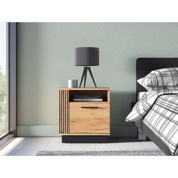 Nattbord Urso 50x55 cm - 1 dør - eik craft gold - svart matt