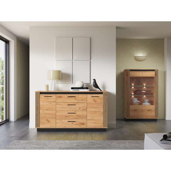 Skjenk Urso 160x90 cm - 2 dører - 4 skuffer - eik craft gold - svart matt