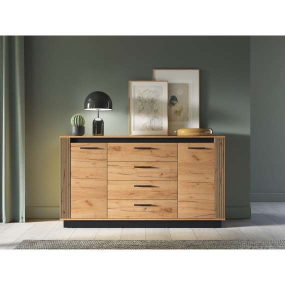 Skjenk Urso 160x90 cm - 2 dører - 4 skuffer - eik craft gold - svart matt