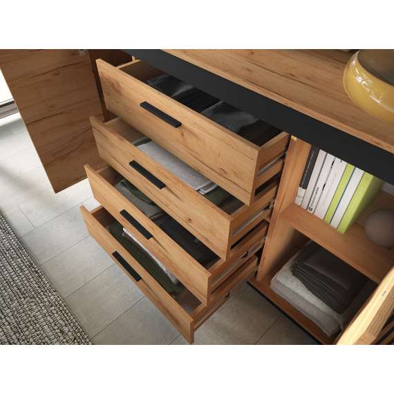 Skjenk Urso 160x90 cm - 2 dører - 4 skuffer - eik craft gold - svart matt