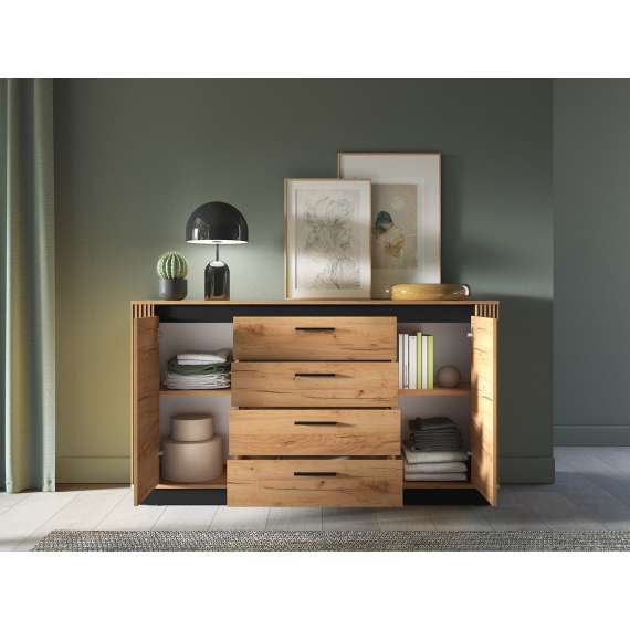 Skjenk Urso 160x90 cm - 2 dører - 4 skuffer - eik craft gold - svart matt