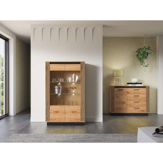 Vitrineskap Urso 92x141 cm - 2 dører - eik craft gold - svart matt