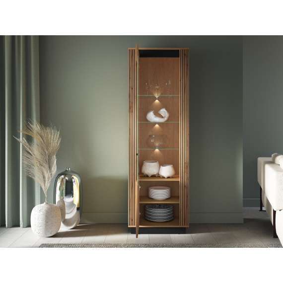 Vitrineskap Urso 65x200 cm - 1 dør - eik craft gold - svart matt