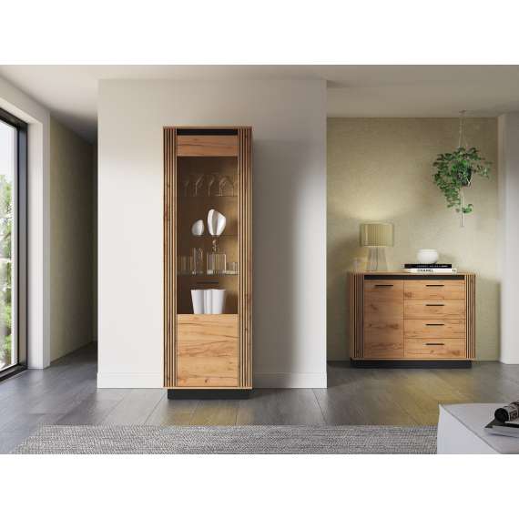 Vitrineskap Urso 65x200 cm - 1 dør - eik craft gold - svart matt