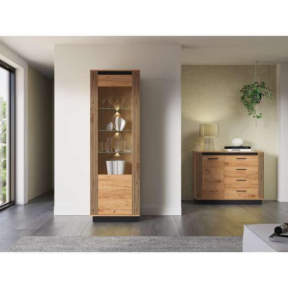 Vitrineskap Urso 65x200 cm - 1 dør - eik craft gold - svart matt