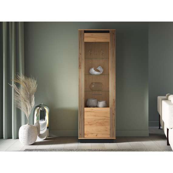 Vitrineskap Urso 65x200 cm - 1 dør - eik craft gold - svart matt