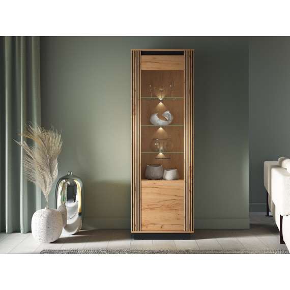 Vitrineskap Urso 65x200 cm - 1 dør - eik craft gold - svart matt