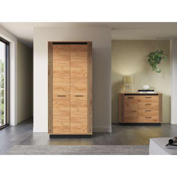 Garderobeskap Urso 92x200 cm - 2 dører - eik craft gold - svart matt