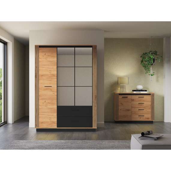 Garderobeskap Urso 150x210 cm - 3 dører - 2 skuffer - eik craft gold - svart matt - speil