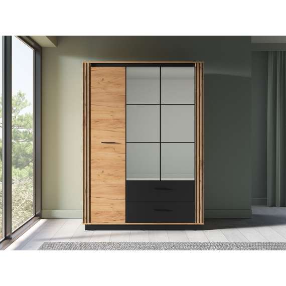 Garderobeskap Urso 150x210 cm - 3 dører - 2 skuffer - eik craft gold - svart matt - speil