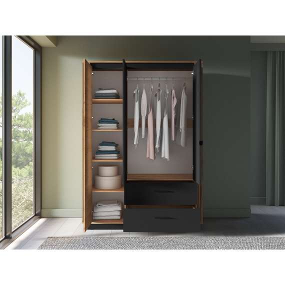 Garderobeskap Urso 150x210 cm - 3 dører - 2 skuffer - eik craft gold - svart matt - speil