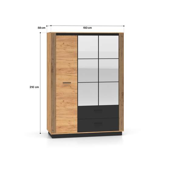 Garderobeskap Urso 150x210 cm - 3 dører - 2 skuffer - eik craft gold - svart matt - speil