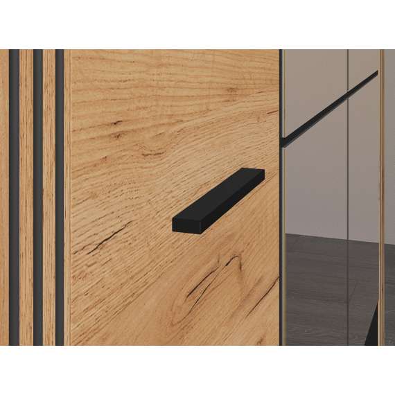 Garderobeskap Urso 150x210 cm - 3 dører - 2 skuffer - eik craft gold - svart matt - speil