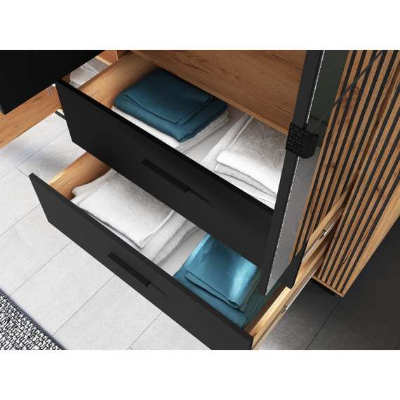 Garderobeskap Urso 150x210 cm - 3 dører - 2 skuffer - eik craft gold - svart matt - speil