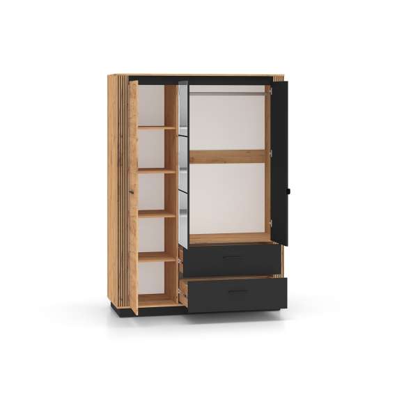 Garderobeskap Urso 150x210 cm - 3 dører - 2 skuffer - eik craft gold - svart matt - speil