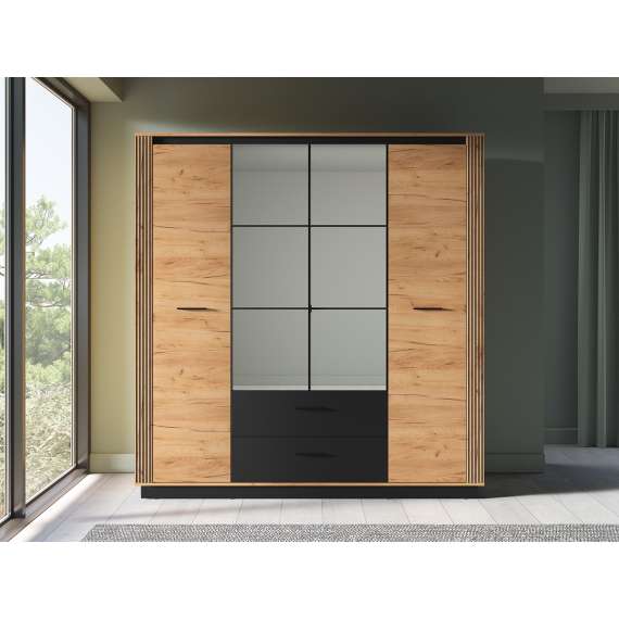 Garderobeskap Urso 200x210 cm - 4 dører - 2 skuffer - eik craft gold - svart matt - speil