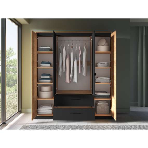 Garderobeskap Urso 200x210 cm - 4 dører - 2 skuffer - eik craft gold - svart matt - speil