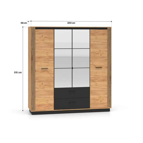 Garderobeskap Urso 200x210 cm - 4 dører - 2 skuffer - eik craft gold - svart matt - speil